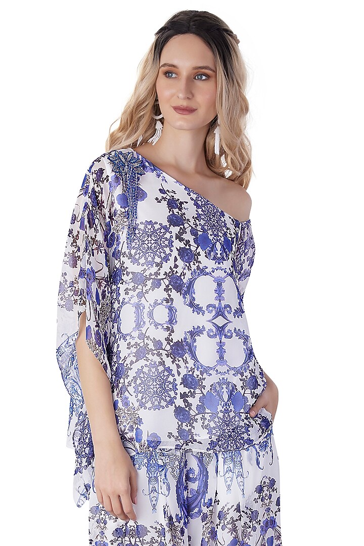 White Georgette Porcelain Printed Co-Ord Set by Jyo Das at Pernia's Pop Up Shop