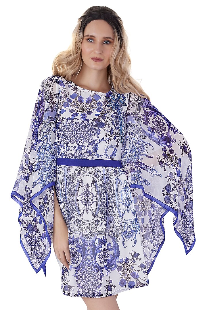 White Georgette Printed Mini Summer Dress by Jyo Das at Pernia's Pop Up Shop