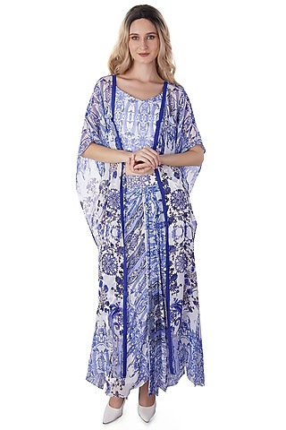 White Georgette Printed Dhoti Skirt Set by Jyo Das