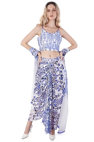 White Georgette Printed Dhoti Skirt Set by Jyo Das
