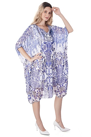 White Georgette Printed Kaftan by Jyo Das