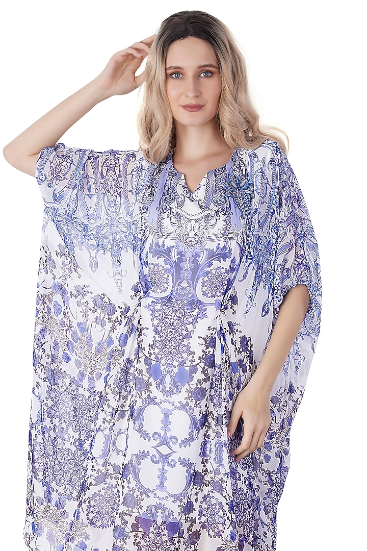 White Georgette Printed Kaftan by Jyo Das at Pernia's Pop Up Shop