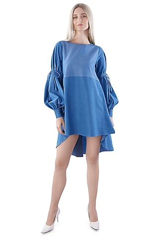 Cobalt Blue Denim Embroidered Asymmetrical Dress by Jyo Das