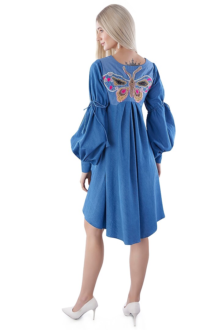 Cobalt Blue Denim Embroidered Asymmetrical Summer Dress by Jyo Das at Pernia's Pop Up Shop