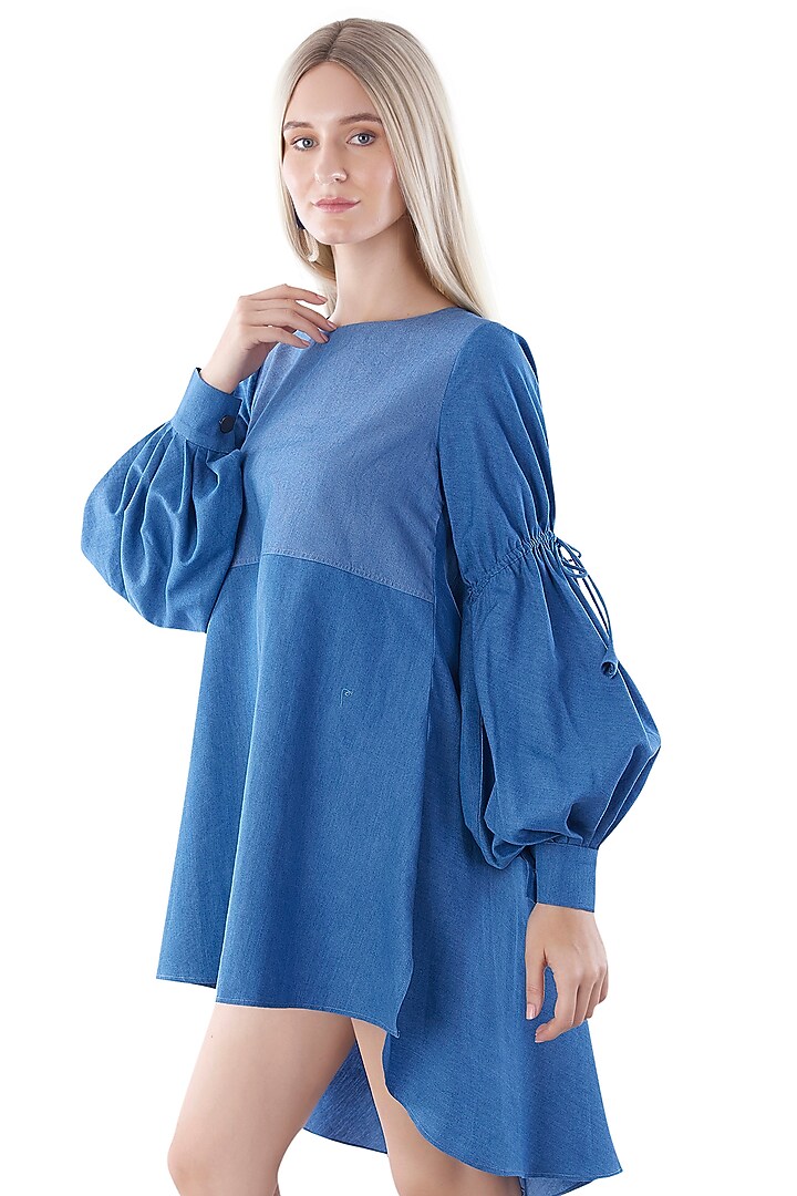Cobalt Blue Denim Embroidered Asymmetrical Summer Dress by Jyo Das at Pernia's Pop Up Shop
