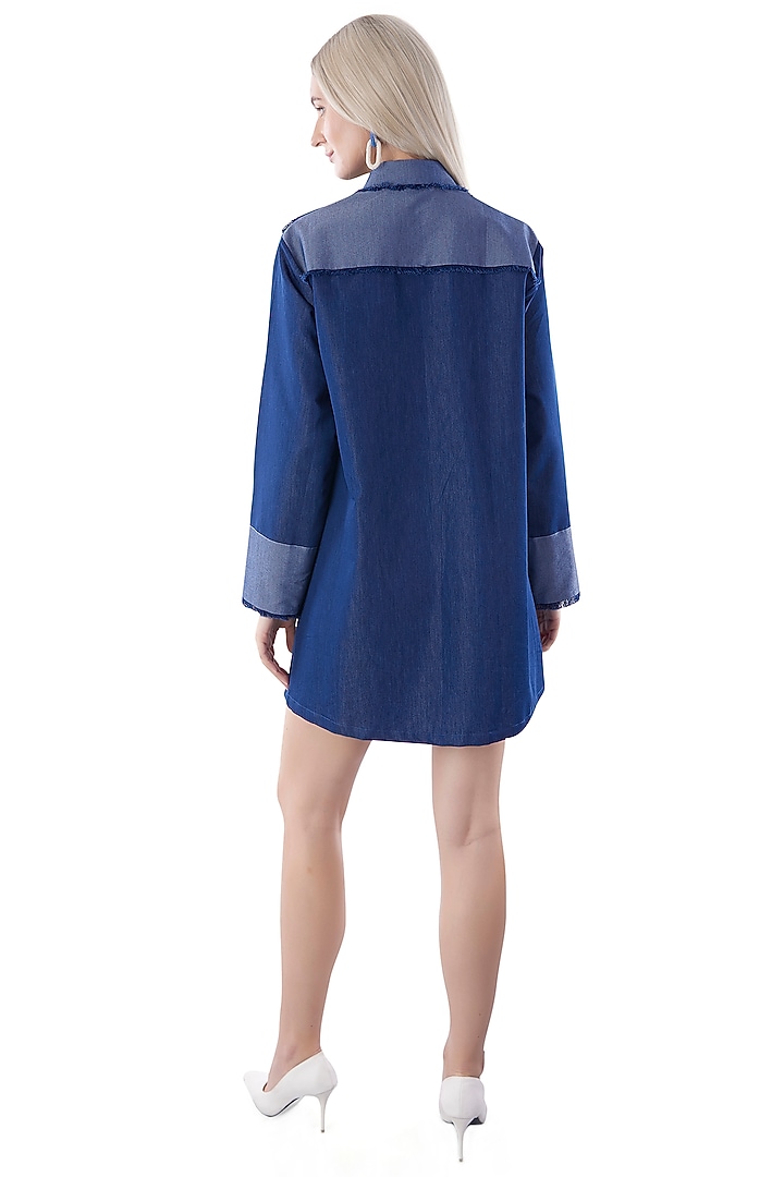 Cobalt Blue Denim Hand Embroidered Summer Shirt Dress by Jyo Das at Pernia's Pop Up Shop