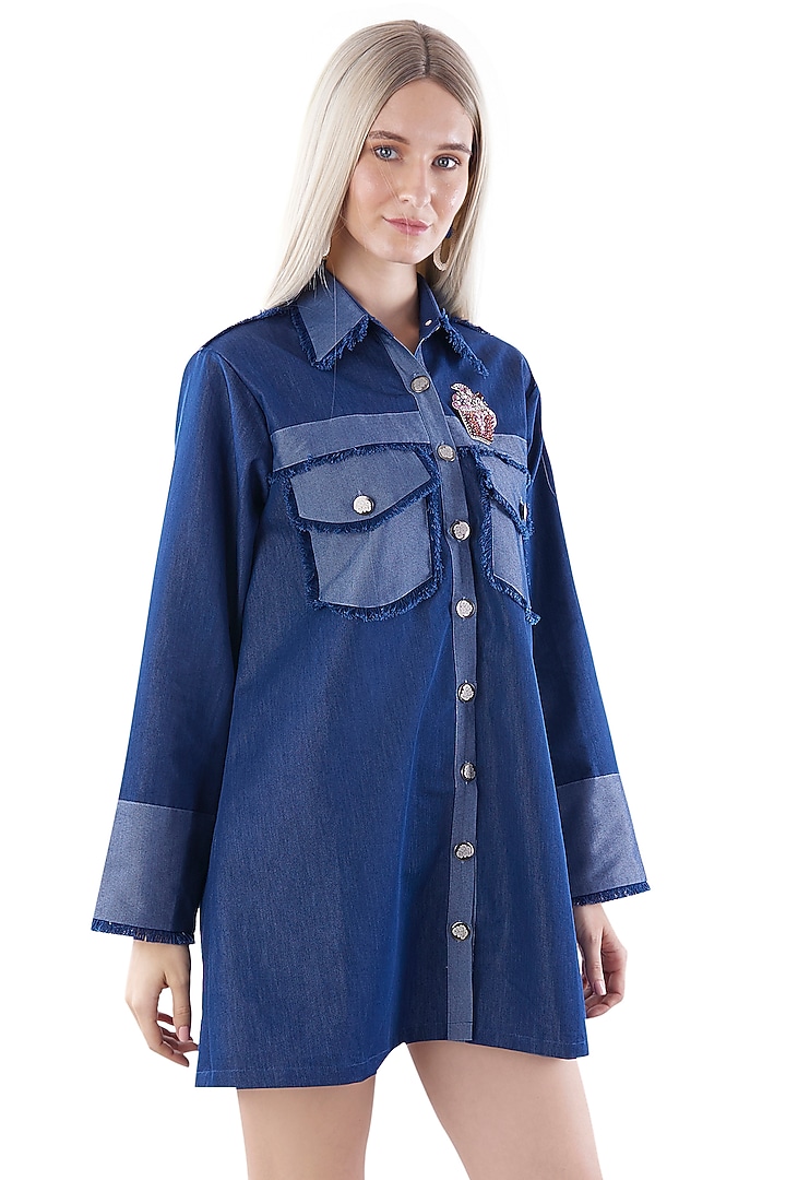 Cobalt Blue Denim Hand Embroidered Summer Shirt Dress by Jyo Das at Pernia's Pop Up Shop