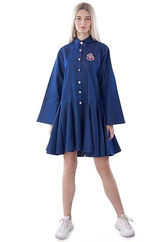 Cobalt Blue Denim Hand Embroidered Shirt Dress by Jyo Das