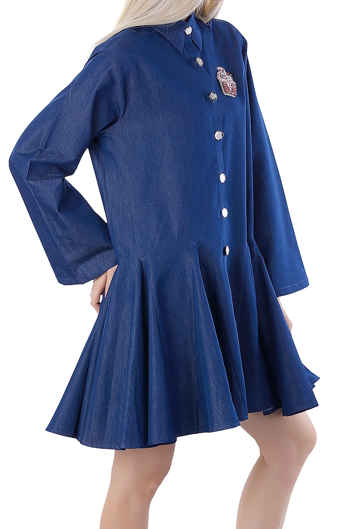 Cobalt Blue Denim Hand Embroidered Summer Shirt Dress by Jyo Das at Pernia's Pop Up Shop