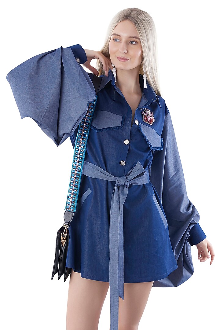 Cobalt Blue Denim Embroidered Summer Shirt Dress by Jyo Das at Pernia's Pop Up Shop