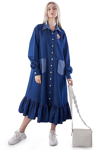 Cobalt Blue Denim Embroidered Long Dress by Jyo Das