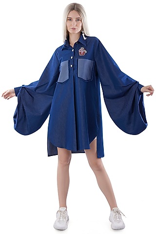 Cobalt Blue Denim Embroidered Oversized Shirt Dress by Jyo Das