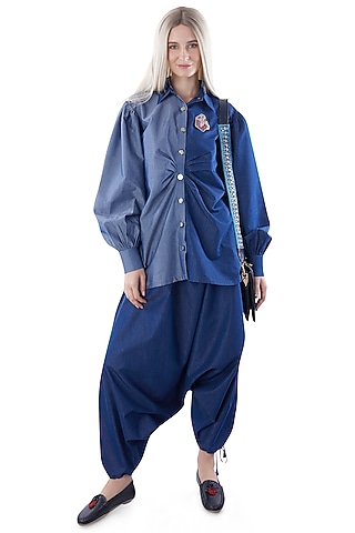 Cobalt Blue Denim Embroidered Gathered Shirt by Jyo Das