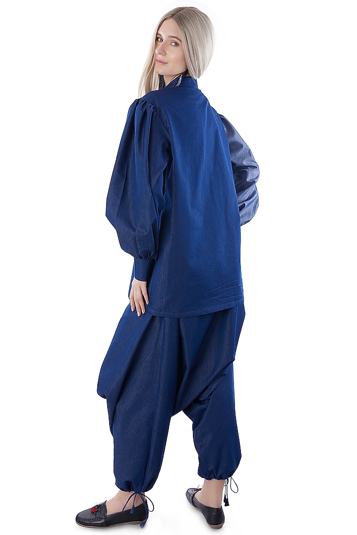 Cobalt Blue Denim Embroidered Gathered Shirt by Jyo Das at Pernia's Pop Up Shop