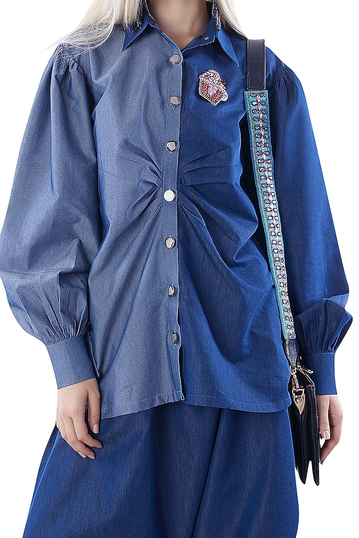Cobalt Blue Denim Embroidered Gathered Shirt by Jyo Das at Pernia's Pop Up Shop