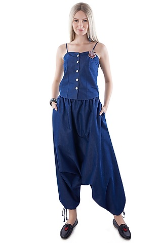 Cobalt Blue Denim Pant Set by Jyo Das