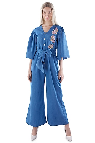 Cobalt Blue Denim Embroidered Jumpsuit by Jyo Das