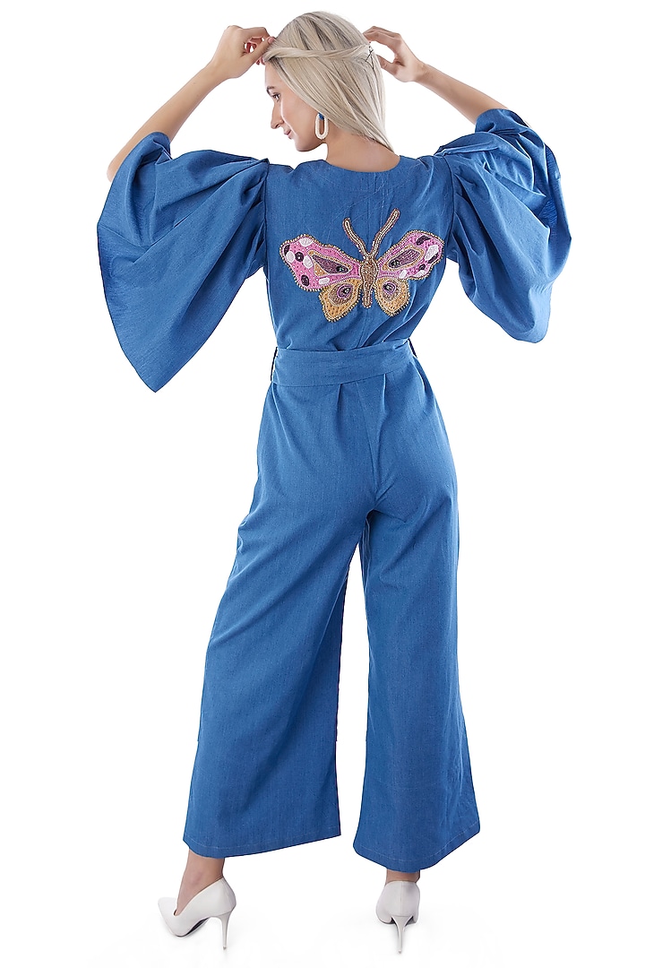 Cobalt Blue Denim Embroidered Jumpsuit by Jyo Das at Pernia's Pop Up Shop