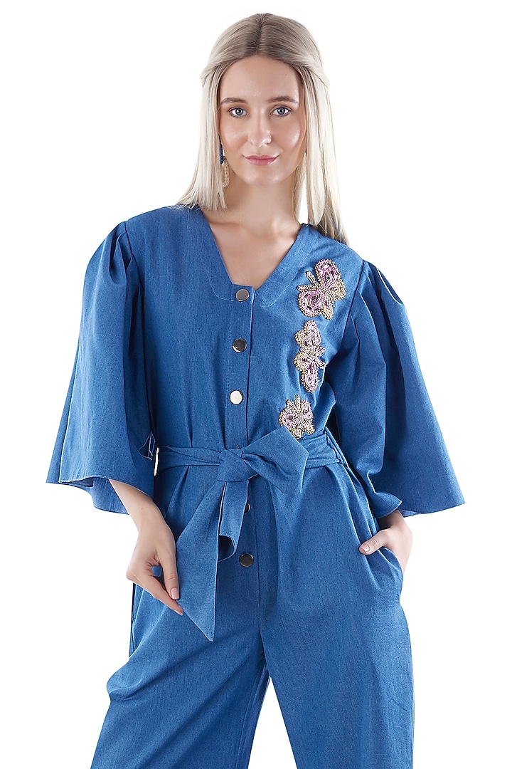 Cobalt Blue Denim Embroidered Jumpsuit by Jyo Das at Pernia's Pop Up Shop