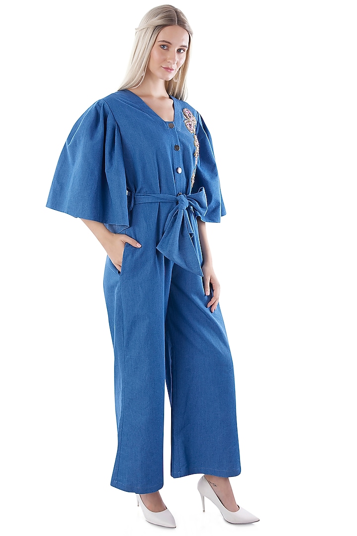 Cobalt Blue Denim Embroidered Jumpsuit by Jyo Das at Pernia's Pop Up Shop
