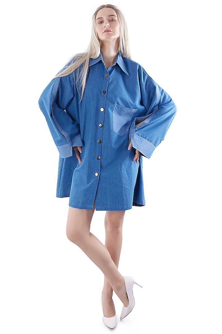 Cobalt Blue Denim Embroidered Shirt Dress by Jyo Das at Pernia's Pop Up Shop