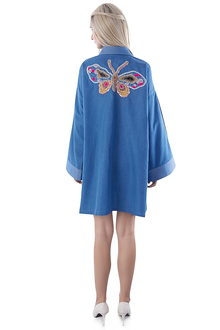 Cobalt Blue Denim Embroidered Summer Shirt Dress by Jyo Das at Pernia's Pop Up Shop
