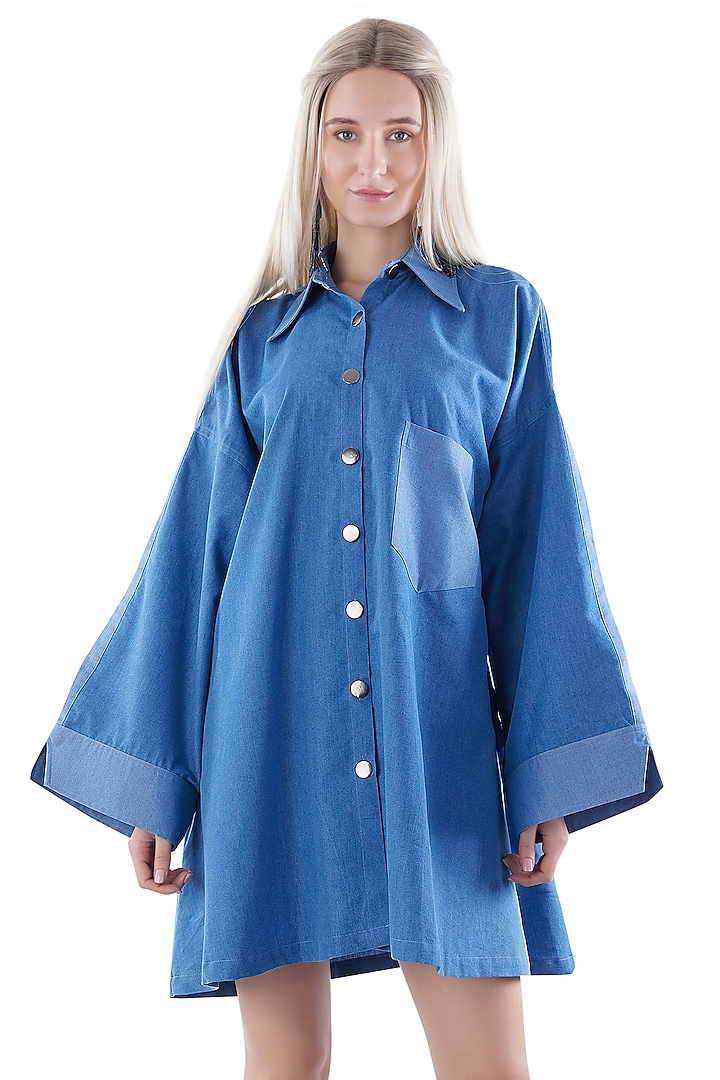 Cobalt Blue Denim Embroidered Summer Shirt Dress by Jyo Das at Pernia's Pop Up Shop