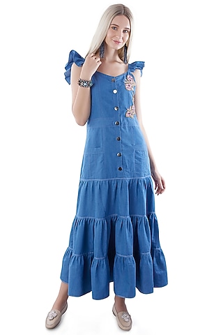 Cobalt Blue Denim Embroidered Tiered Dress by Jyo Das