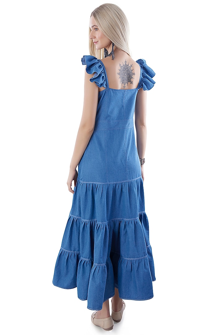 Cobalt Blue Denim Embroidered Tiered Summer Dress by Jyo Das at Pernia's Pop Up Shop