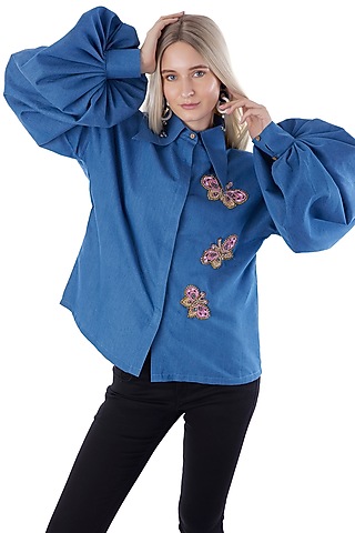 Cobalt Blue Denim Embroidered Shirt by Jyo Das