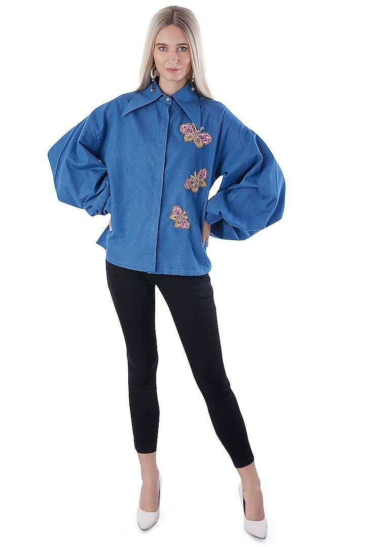 Cobalt Blue Denim Embroidered Shirt by Jyo Das at Pernia's Pop Up Shop