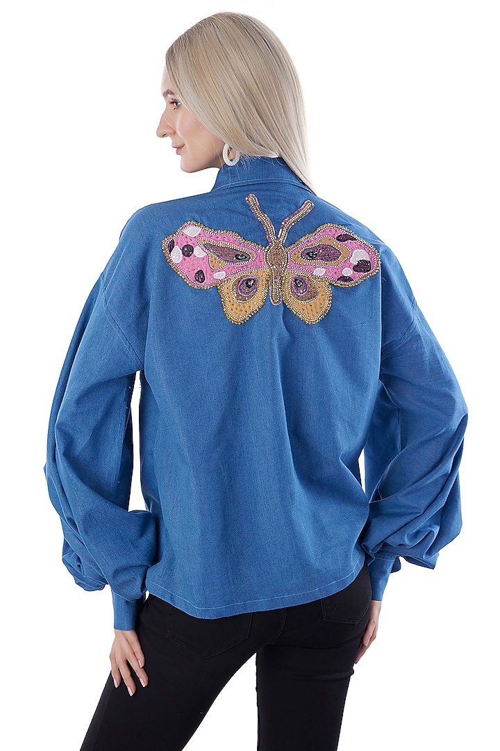 Cobalt Blue Denim Embroidered Shirt by Jyo Das at Pernia's Pop Up Shop