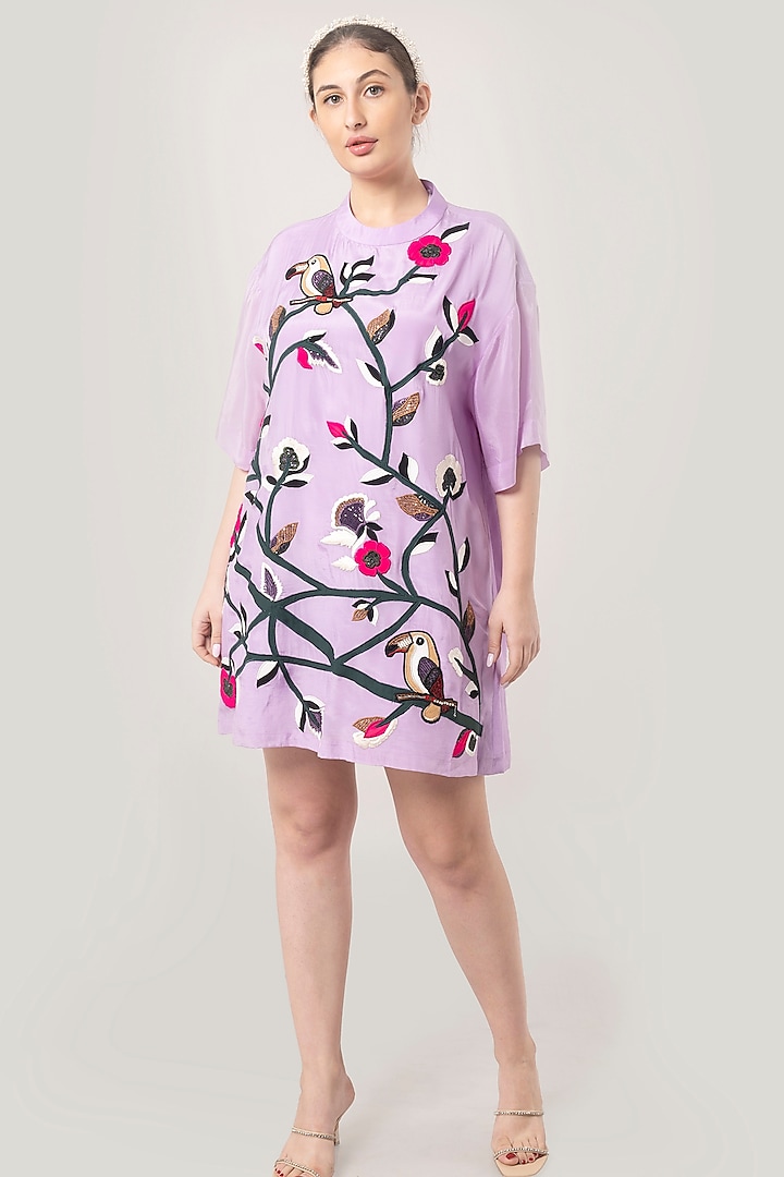 Lavender Thread Embroidered Mini Dress by Jyo Das