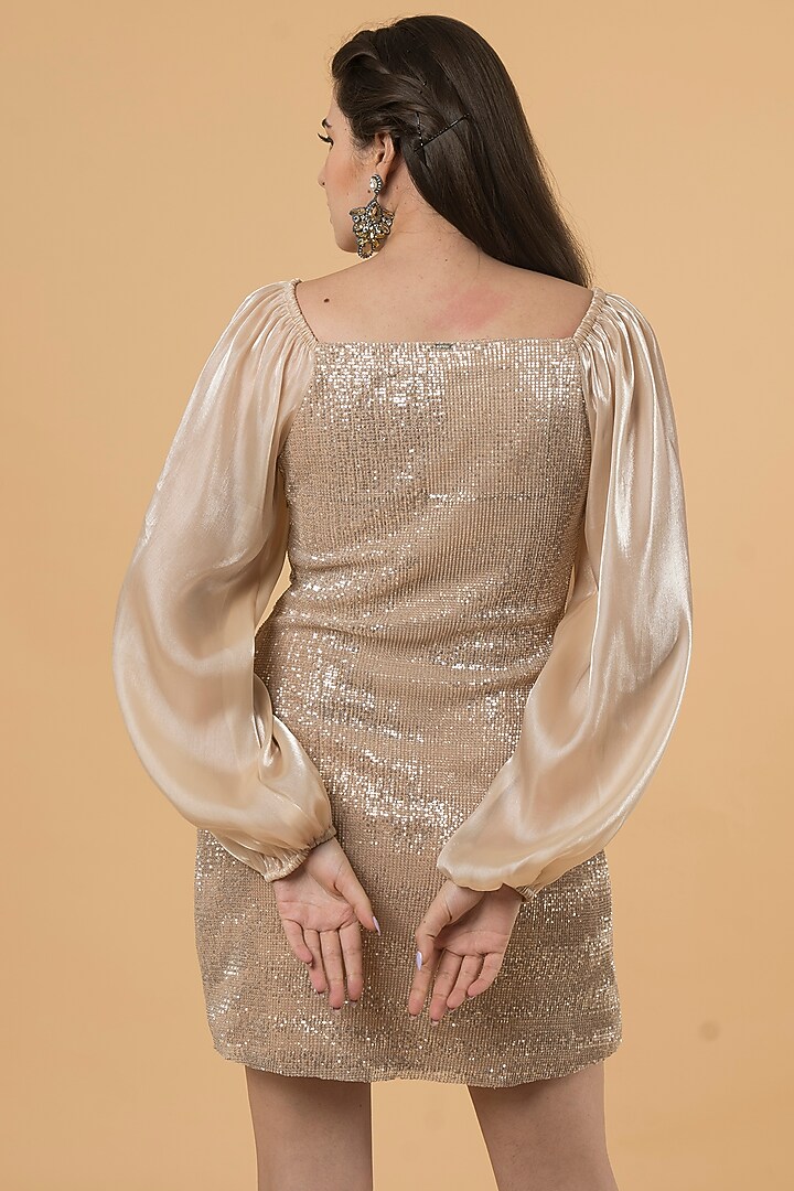 Golden Polyester Mini Gathered Vacation Dress by Jyo Das at Pernia's Pop Up Shop