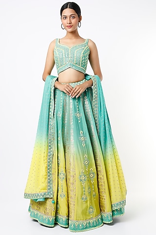 Medium Turquoise & Yellow Ombre Lehenga Set by Jiya by Veer Designs