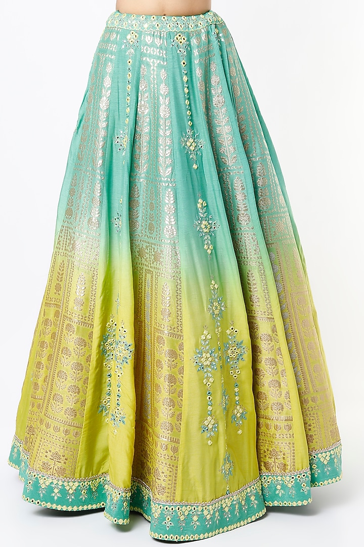 Medium Turquoise & Yellow Ombre Wedding Lehenga Set by Jiya by Veer Designs at Pernia's Pop Up Shop