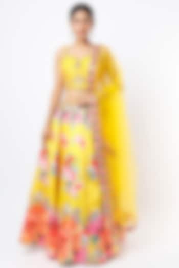 Canary Yellow Printed & Embroidered Lehenga Set by Jiya by Veer Designs