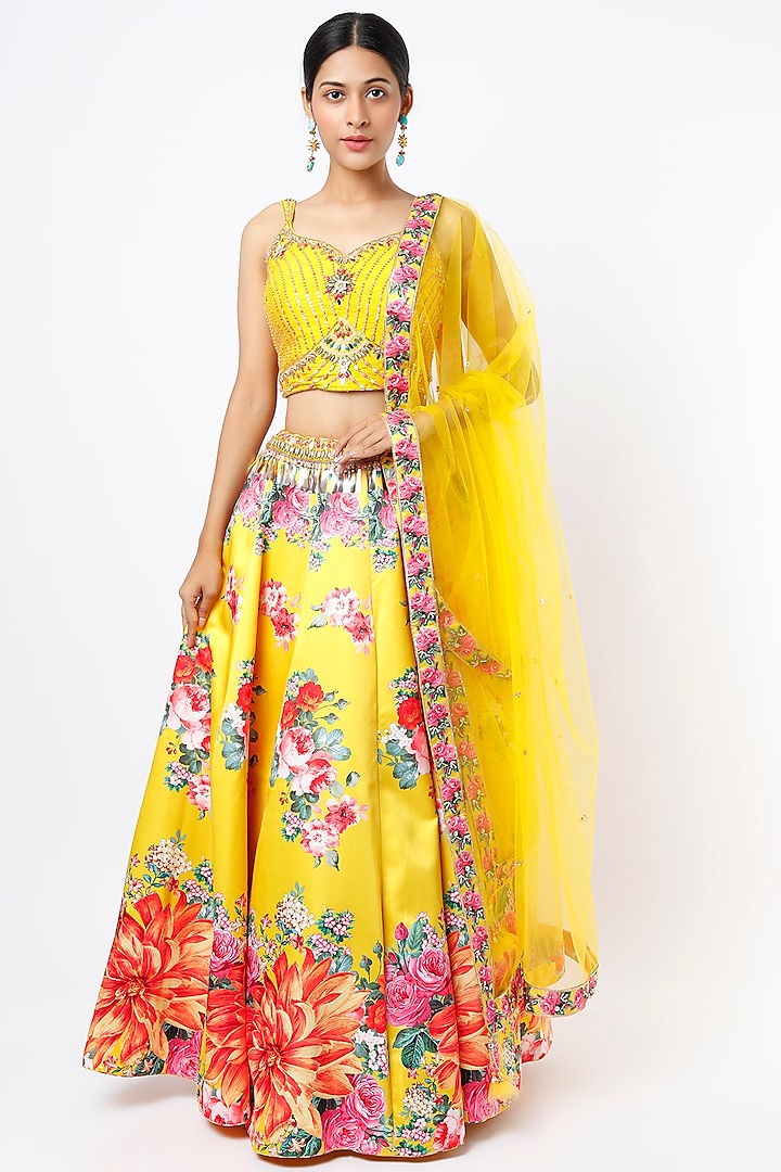 Canary Yellow Printed & Embroidered Lehenga Set by Jiya by Veer Designs