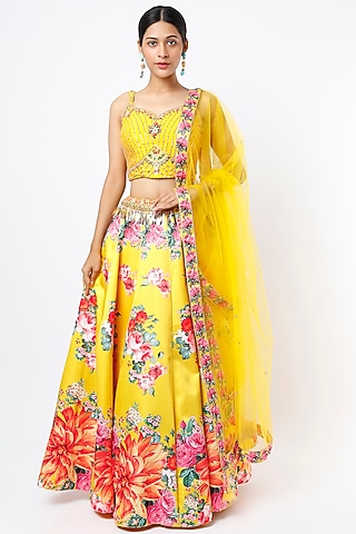 Canary Yellow Printed & Embroidered Lehenga Set by Jiya by Veer Designs
