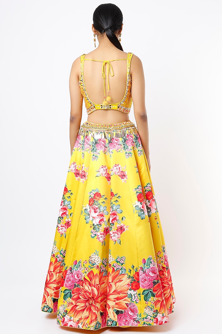 Canary Yellow Printed & Embroidered Lehenga Set by Jiya by Veer Designs at Pernia's Pop Up Shop
