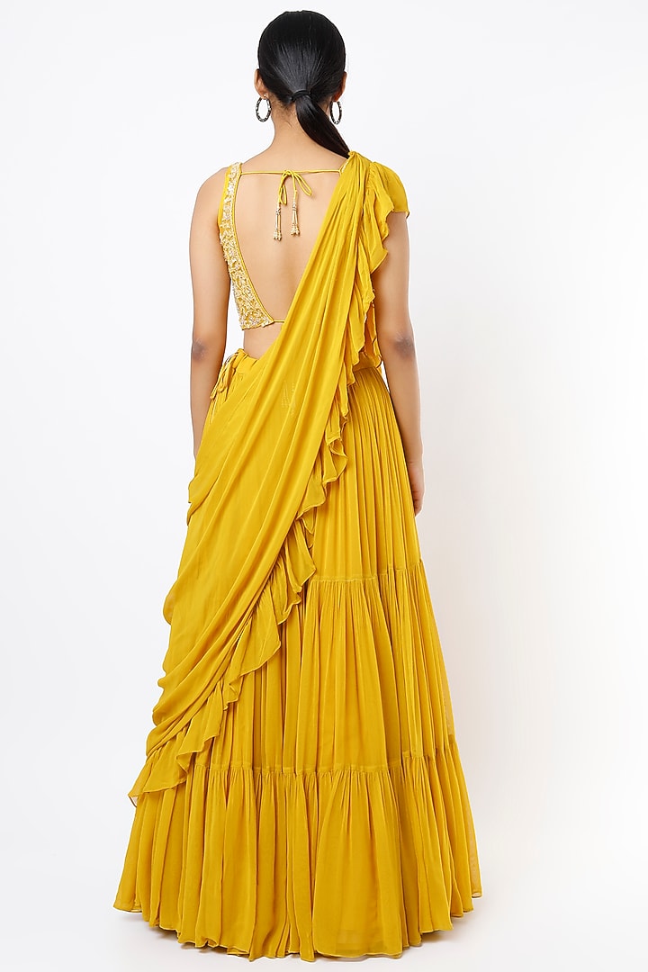 Haldi Yellow Georgette Tiered Lehenga Set by Jiya by Veer Designs at Pernia's Pop Up Shop