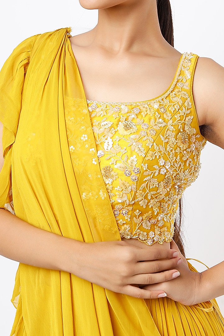 Haldi Yellow Georgette Tiered Lehenga Set by Jiya by Veer Designs at Pernia's Pop Up Shop