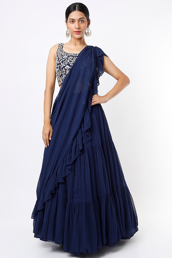 Navy Blue Georgette Tiered Lehenga Set by Jiya by Veer Designs