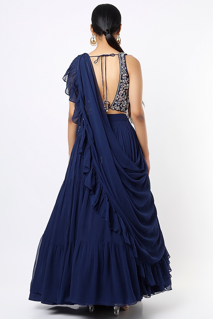 Navy Blue Georgette Tiered Lehenga Set by Jiya by Veer Designs at Pernia's Pop Up Shop
