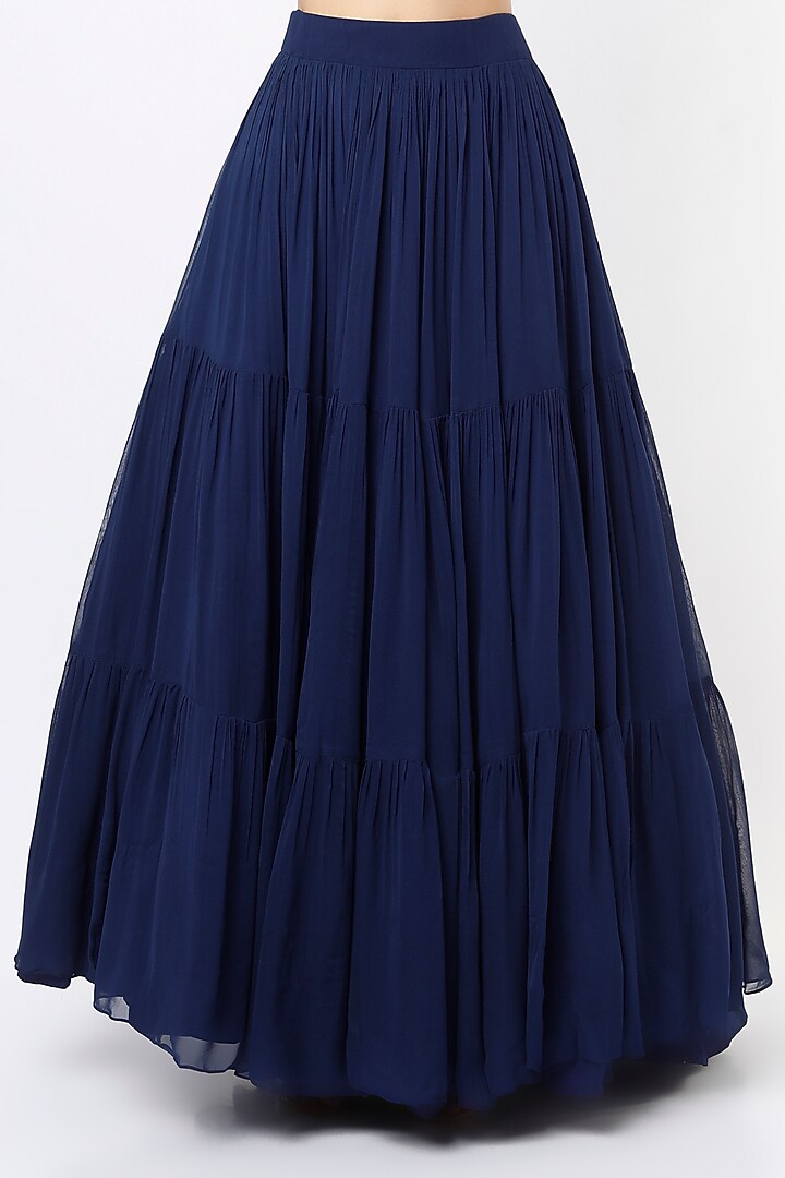 Navy Blue Georgette Tiered Lehenga Set by Jiya by Veer Designs at Pernia's Pop Up Shop