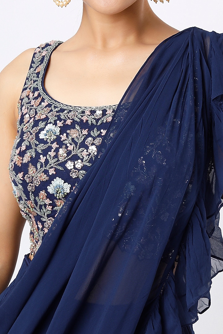 Navy Blue Georgette Tiered Lehenga Set by Jiya by Veer Designs at Pernia's Pop Up Shop