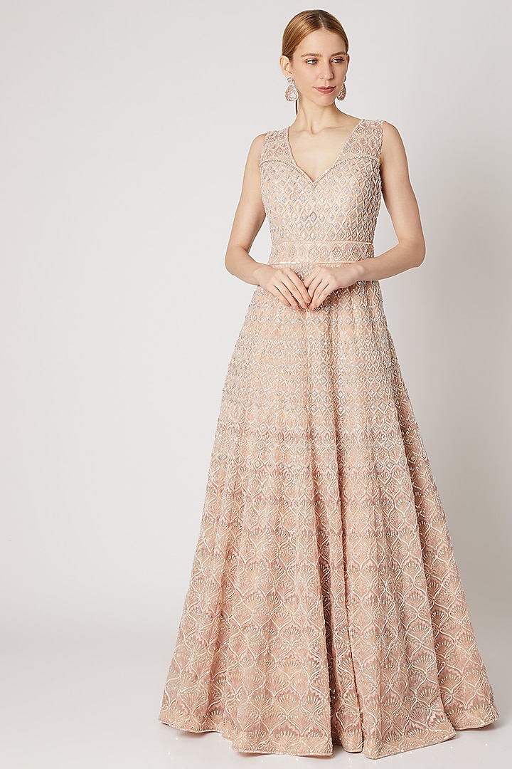 Nude Blush Embroidered Gown by Jiya by Veer Designs