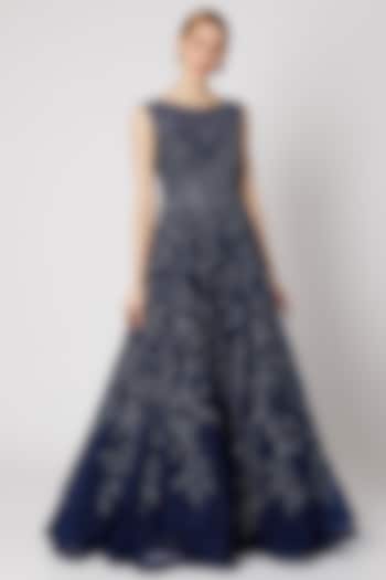 Navy Blue Embroidered Sheer Gown by Jiya by Veer Designs