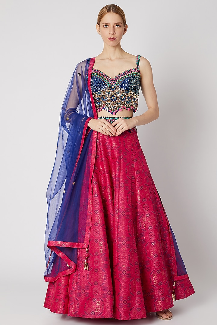 Royal Blue Embroidered Blouse & Pink Lehenga Set by Jiya by Veer Designs