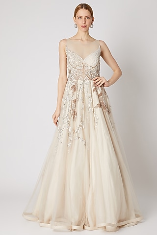Ivory Embroidered Sheer Gown by Jiya by Veer Designs